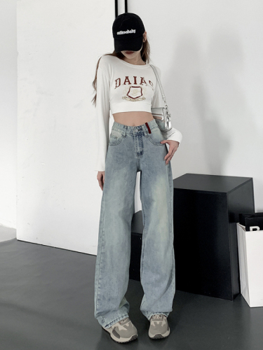 No velvet spring style light color embroidered wide leg jeans for women high waist slim versatile straight pants mopping the floor