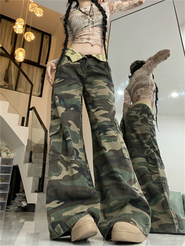 Real shot!  Cargo pants dopamine wear camouflage flesh-covering European and American high street cuffed design straight pants ins