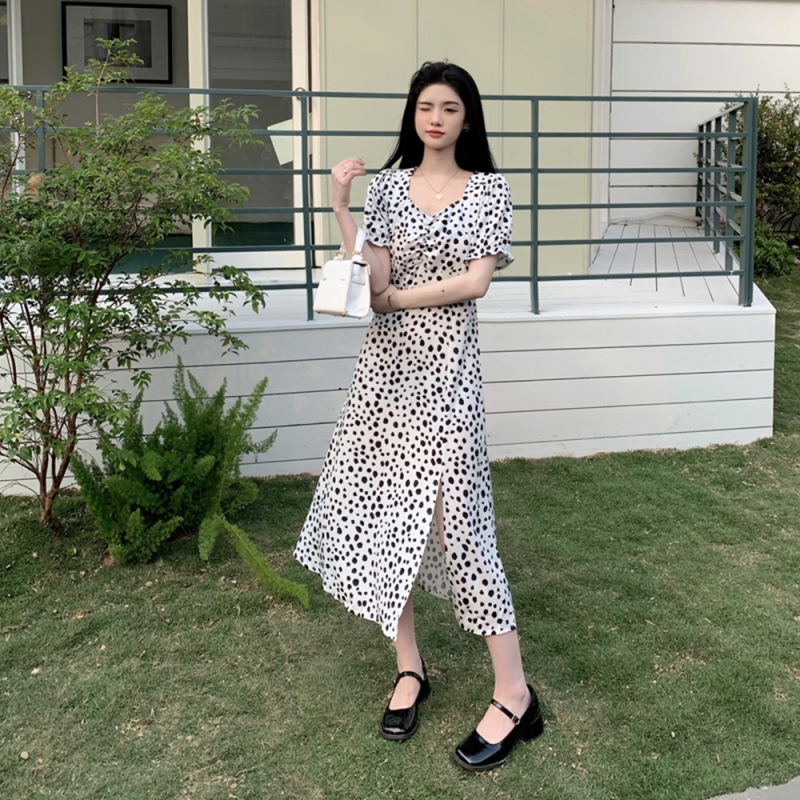 實拍2024大碼女裝波點法式連衣裙方領收腰裙性感開叉M-4XL200斤