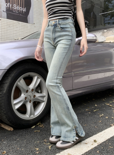 Actual shot of new high-waisted stretchy slightly slit slim fit versatile long jeans for women