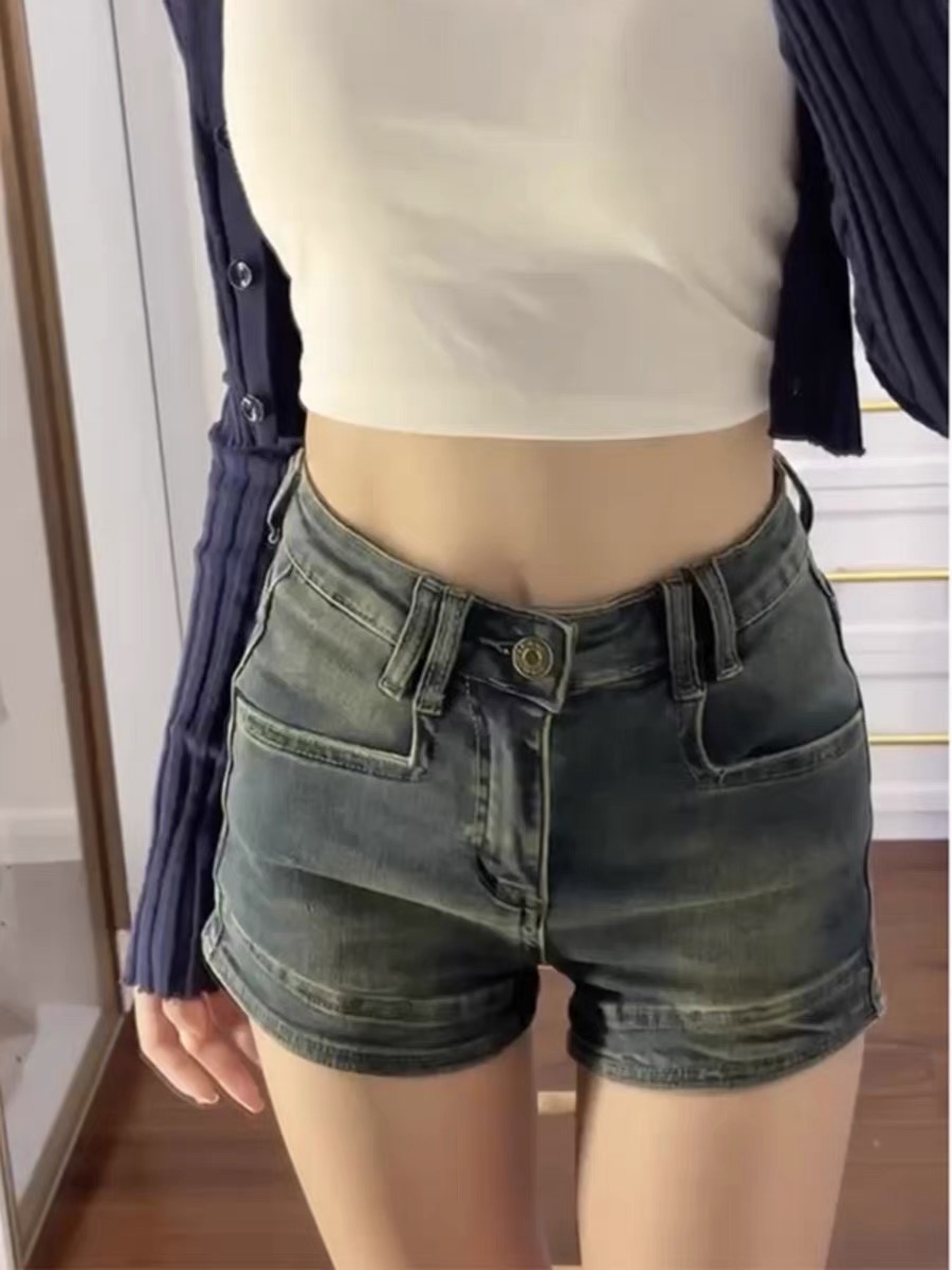 美式復古彈力牛仔褲女夏季新款辣妹闊腿顯瘦短褲高腰直筒a字褲子