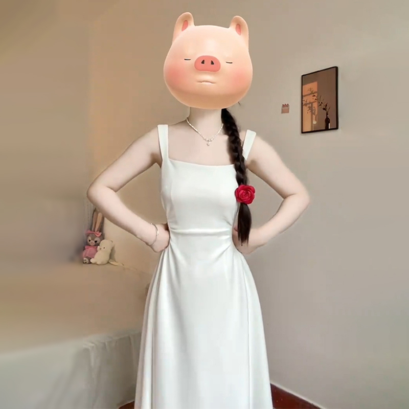 法式海邊度假氣質白色吊帶連衣裙子女夏季2024新款小個子掐腰長裙