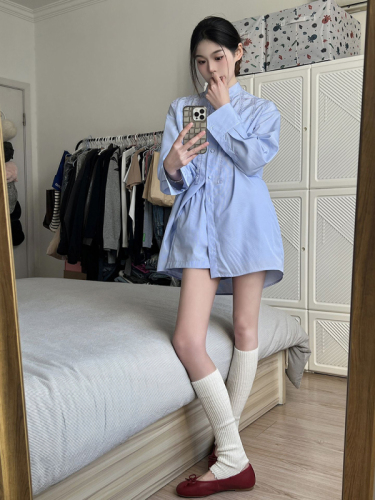 Real shot long-sleeved blue shirt top suit spring and autumn new shirt shorts two-piece set