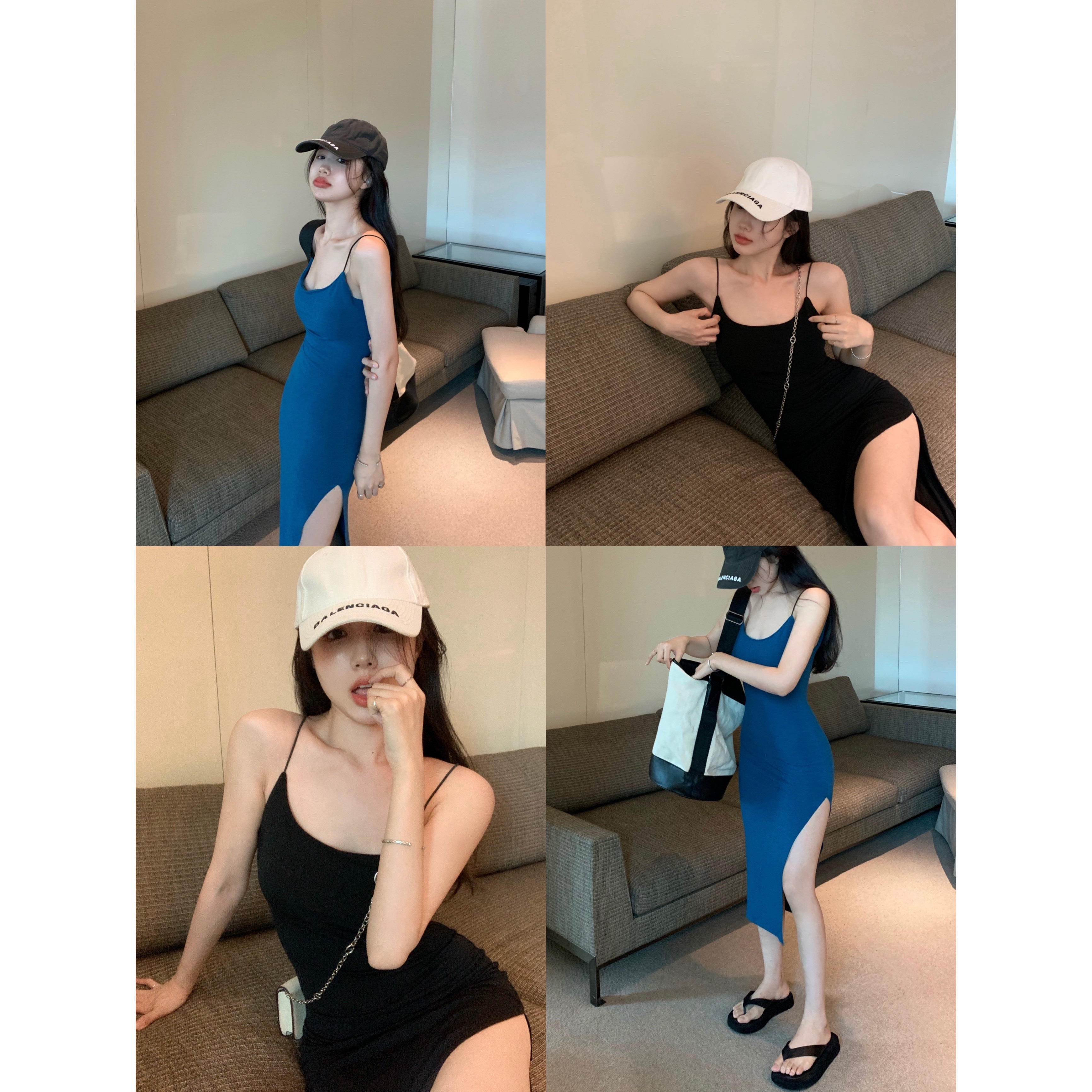 純欲辣妹開叉吊帶連衣裙女夏季黑色中長裙2024年新款性感包臀裙