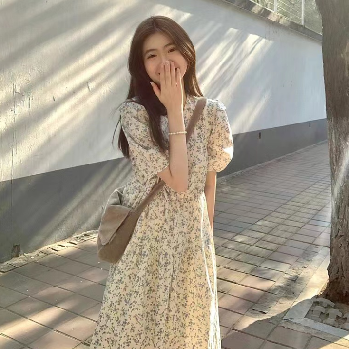 夏裝大碼女裝感學院風短袖茶歇法式連衣裙子碎花長裙M-4XL200斤