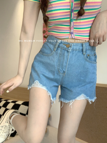 Real shot of denim shorts, high elastic, A-line, high waist, tight, slimming, internet celebrity hot pants, short style