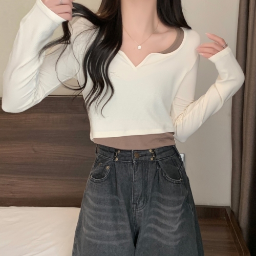 Actual shot of ammonia velvet spring and autumn fake two-piece brushed long-sleeved bottoming shirt for women T-shirt top