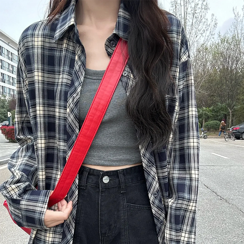 vintage美式復古藍色格子襯衫女春設計感小眾小個子oversize外套