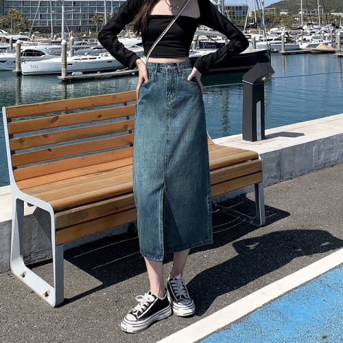 Cheese Sweet Girl Spring and Autumn New 2024 High Waist Slit Denim Skirt A-line Versatile, Slim and Mid-Length