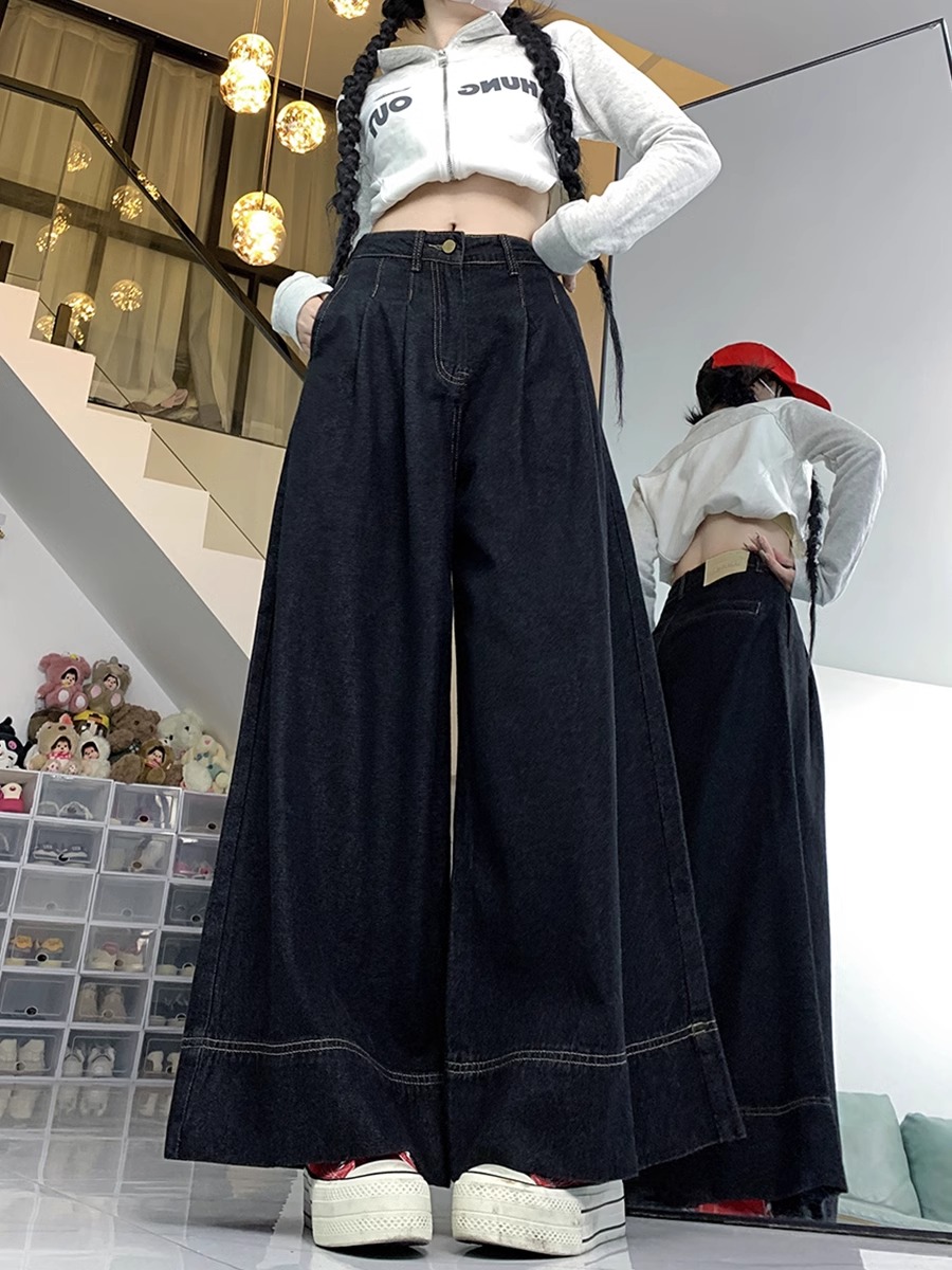 大碼復古黑色牛仔褲女春秋2024年新款胖mm寬鬆顯瘦高腰直筒闊腿褲