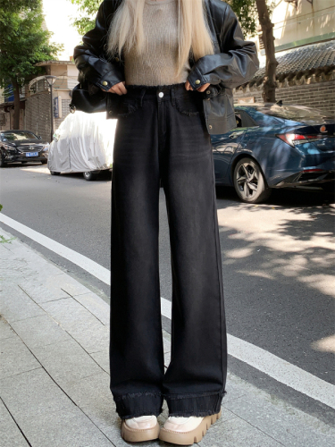 Real shots~yuppie fashion!  Black and gray high-waisted straight jeans for women slimming loose raw edge wide leg pants