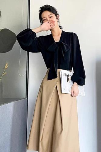 Spring and Autumn Korean style loose and versatile bow new strap design niche shirt tops for women