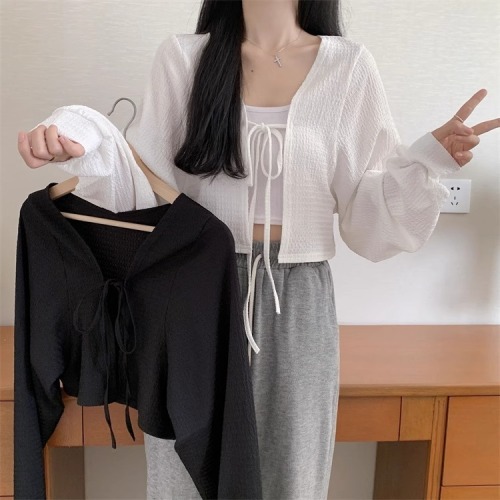 Thin cardigan short coat spring and summer versatile strappy long sleeve lantern sleeve short sun protection top for women