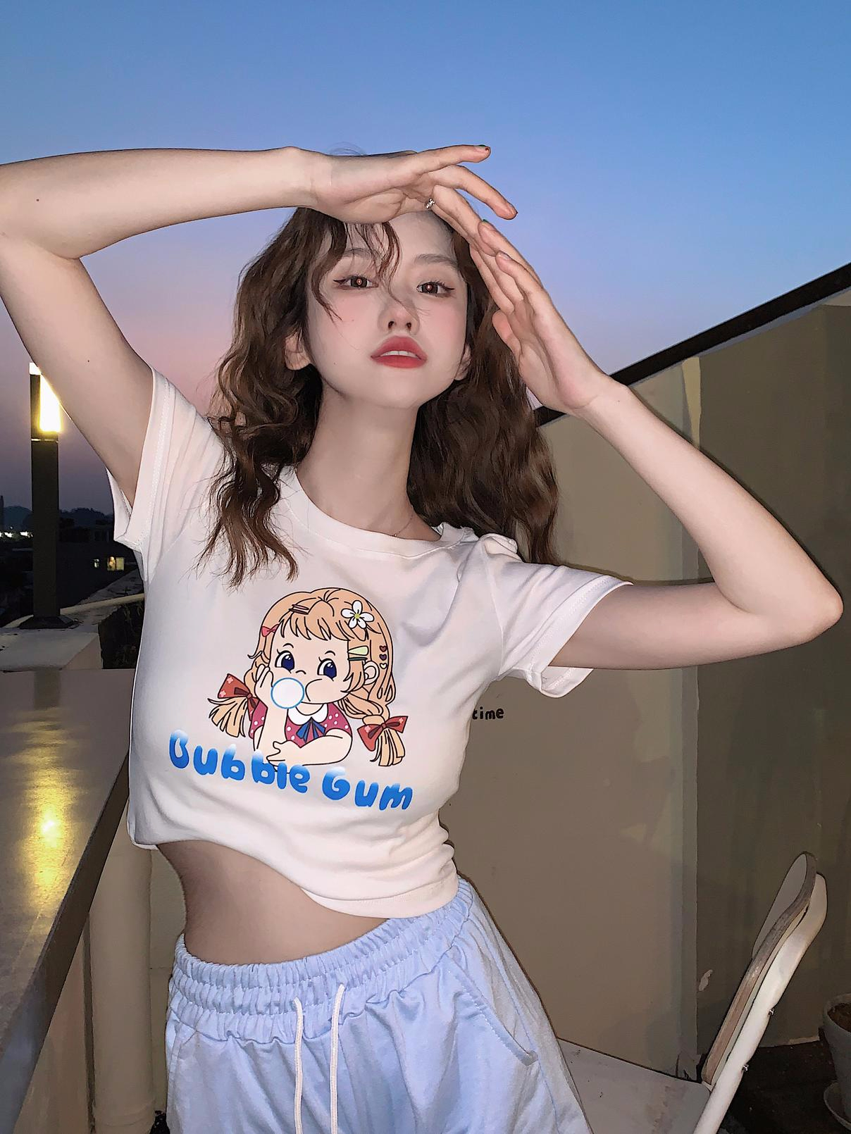 包肩包領卡通甜美女孩顯瘦短袖T恤女夏韓版甜辣bm短款上衣ins