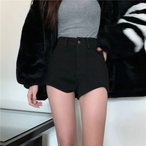 Black Irregular Hip Covering Denim Shorts Women's Summer High Waist Slimming Long Legs Hot Girls High Street Ultra Short Hot Pants