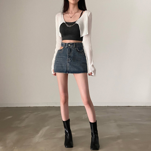 韩国辣妹设计款链条冰丝披肩长袖外套+黑色美背吊带带胸垫