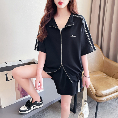 Real shot Summer Korean style loose 260g pique fabric POLO collar embroidered two-piece sports and leisure suit for women