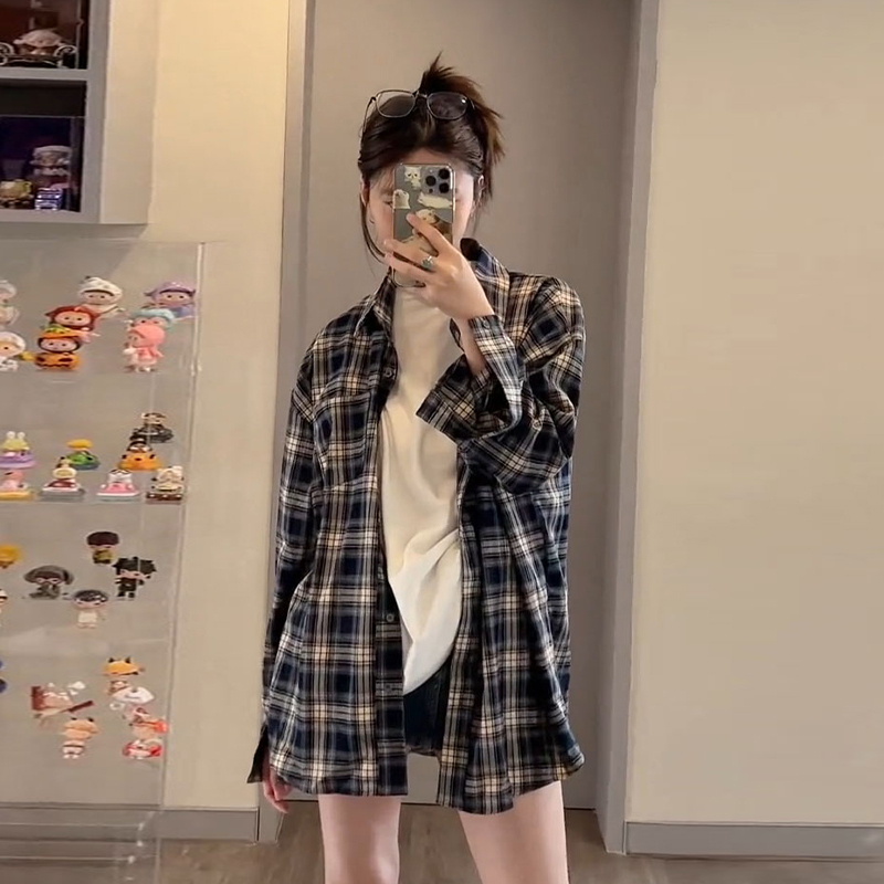 vintage美式復古藍色格子襯衫女春設計感小眾小個子oversize外套
