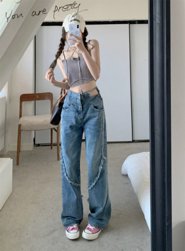 Real shot!  !  Design hot girl style irregular blue jeans women's loose straight pants high waist