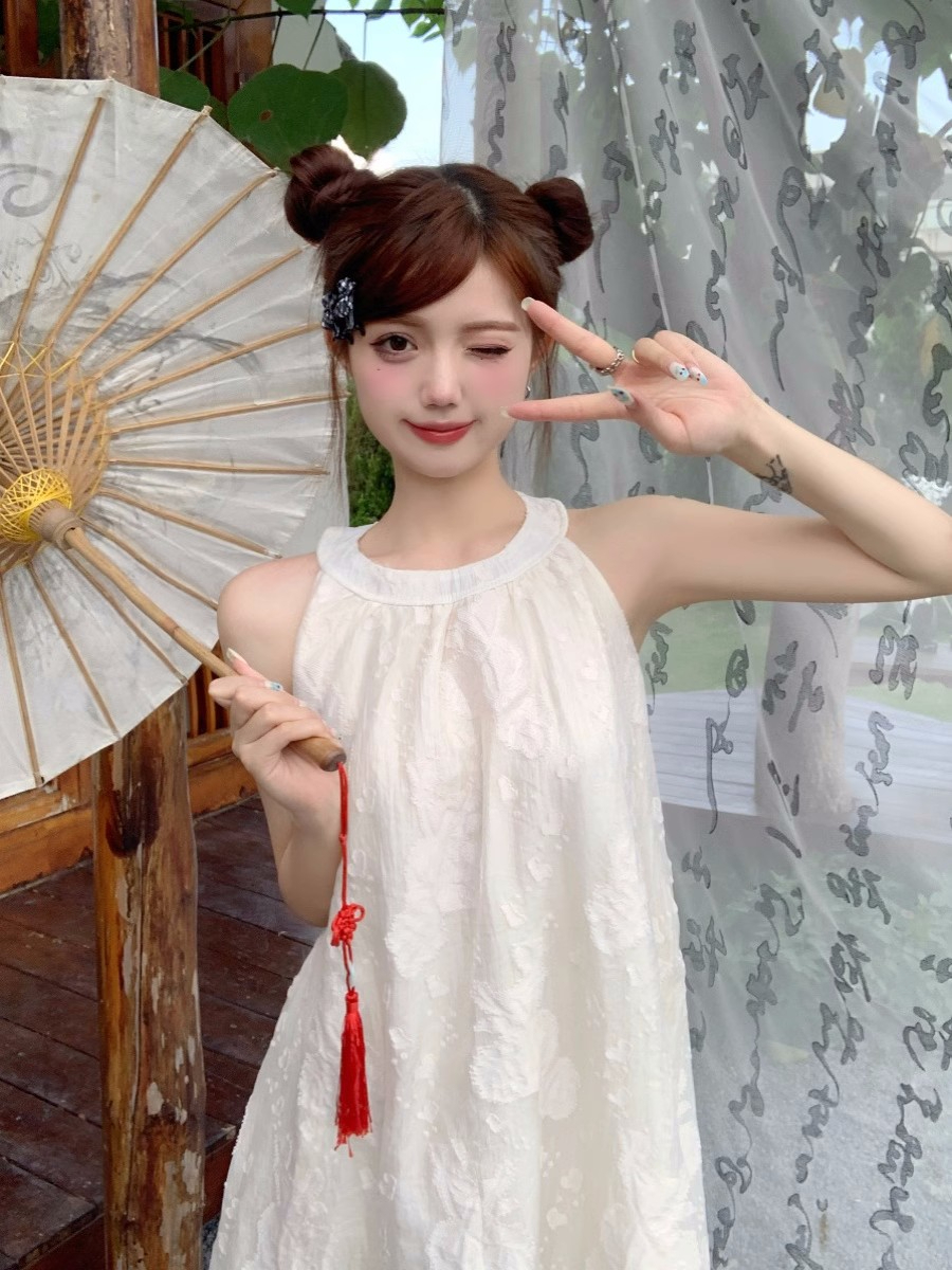 無袖連衣裙女夏季新款顯瘦溫柔風顯瘦減齡中長款蕾絲鈎花背心裙子