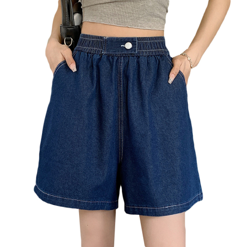 7105 real shot of plus size women's thin denim wide leg shorts summer elastic waist loose slimming shorts