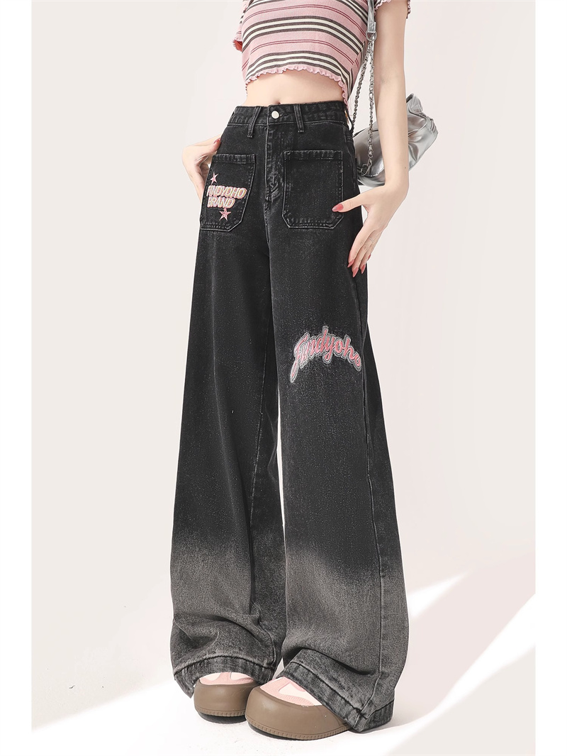 Spring and summer black gradient jeans for women 2024 new style American high street straight wide leg long pants