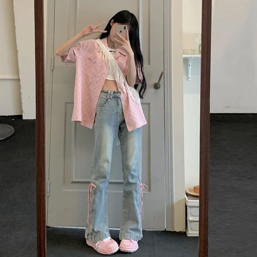 Slightly flared high-waisted jeans for women, high-street ins trendy summer high-waisted strappy design niche slit flared pants