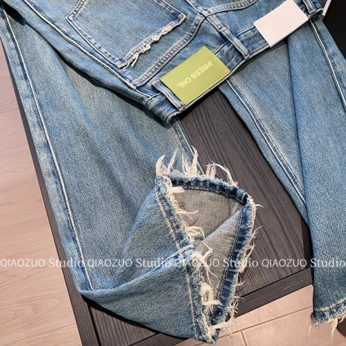 Raw edge tassel straight jeans for women autumn 2024 new high-waisted loose slimming casual wide-leg pants for small people