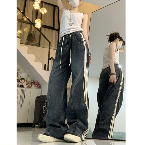 American straight-leg striped jeans for women in autumn new high-waisted, slim, loose and versatile wide-leg pants