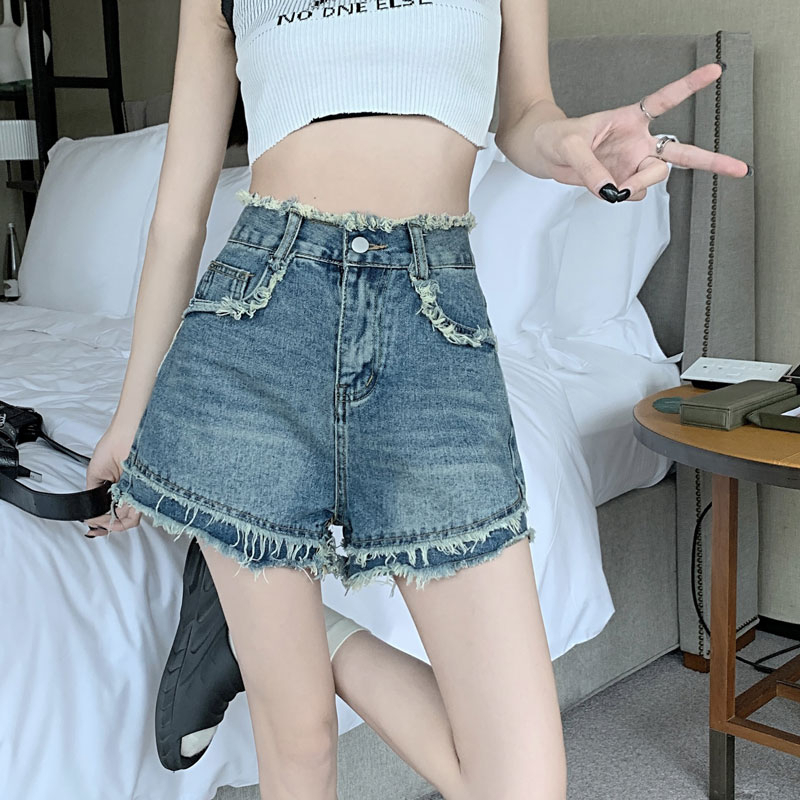 毛邊牛仔短褲女ins辣妹風高腰百搭韓版外穿直筒復古闊腿a字熱褲子