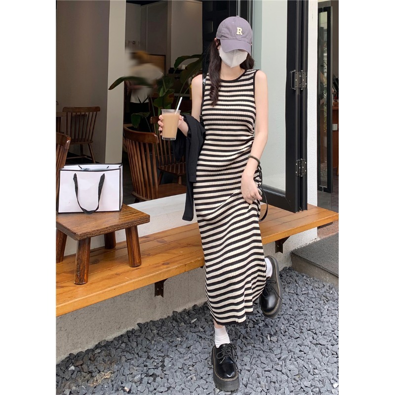 條紋圓領無袖連衣裙女夏季系帶收腰顯瘦包臀裙修身長款針織背心裙