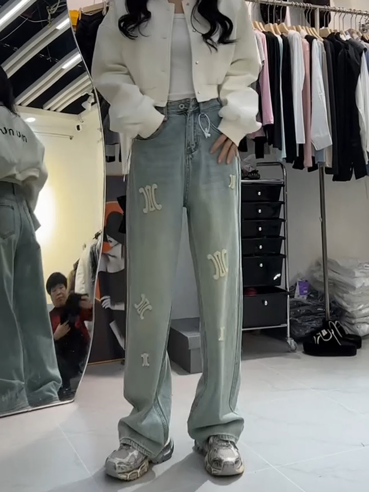 European station embroidered printed high-waisted wide-leg jeans for women, loose slimming drape straight casual floor mopping pants