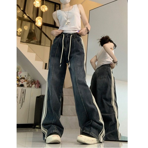 American straight-leg striped jeans for women in autumn new high-waisted, slim, loose and versatile wide-leg pants