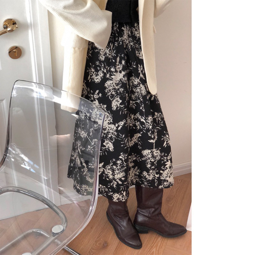 Korean quality retro high-waist chiffon flower skirt mid-length fishtail umbrella skirt for women