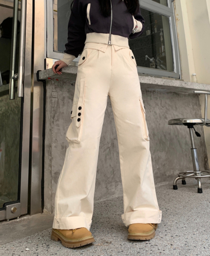 Real shot of spring and autumn Korean style loose extra thick washed multi-pocket overalls casual sports pants wide leg pants for women