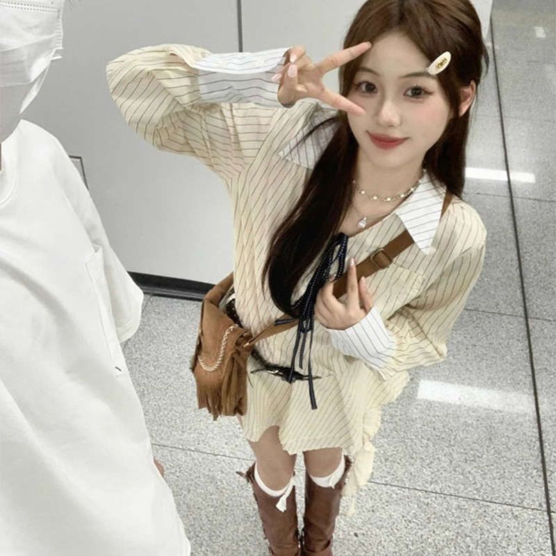 2024新款春裝學院風條紋襯衫連衣裙子女早春季茶系穿搭一整套短裙