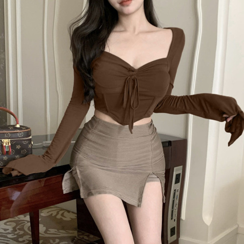 Original modal Internet celebrity style spring and autumn retro design lace-up fishbone waist short top for women with long sleeves