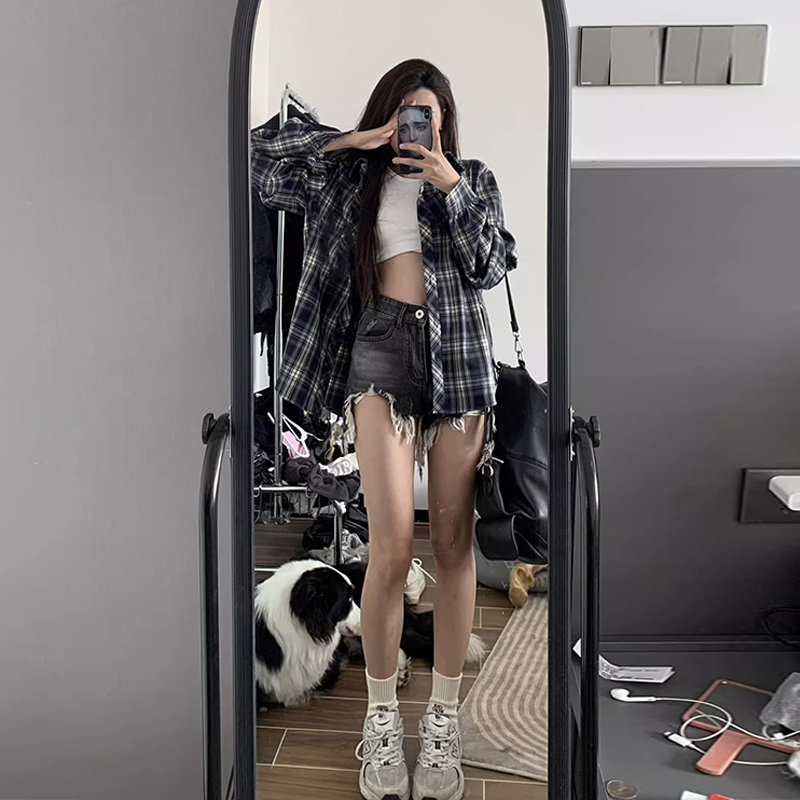 vintage美式復古藍色格子襯衫女春設計感小眾小個子oversize外套