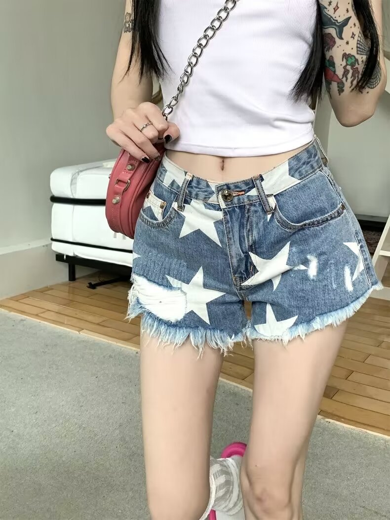 復古毛邊牛仔褲設計感破洞熱褲女夏季辣妹高腰星星印花短褲子