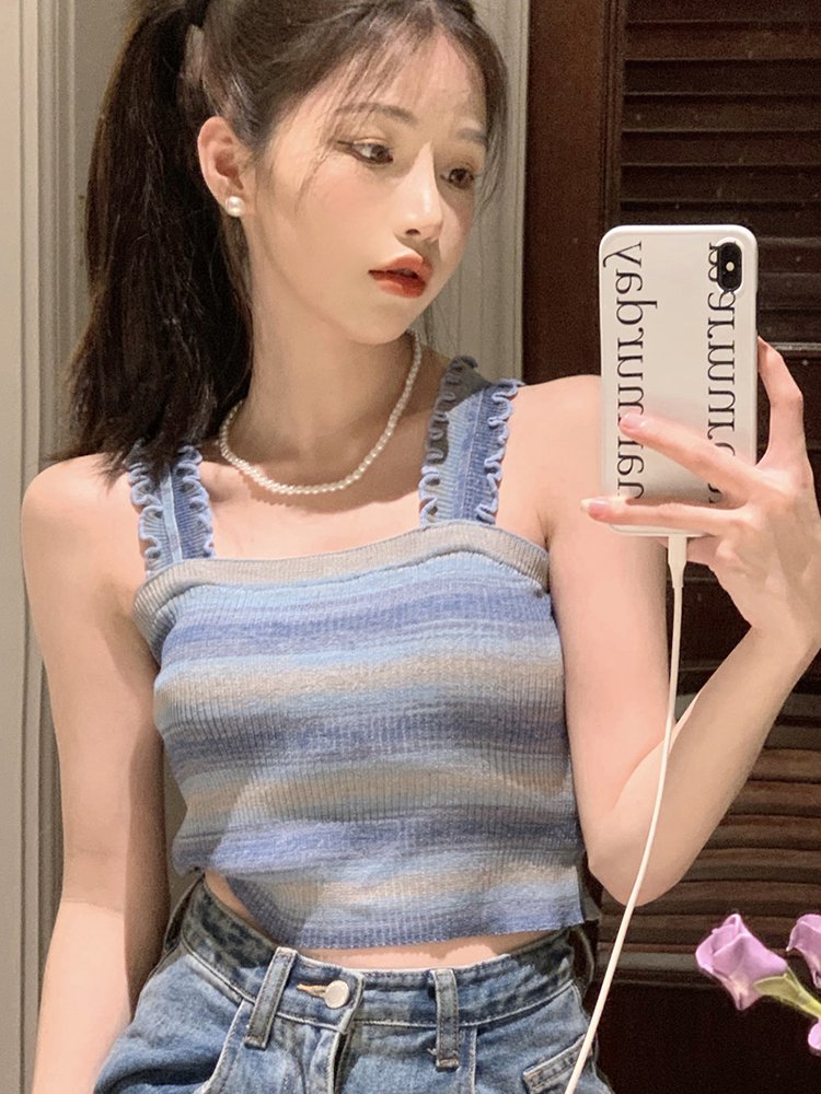 木耳邊復古條紋薄款針織吊帶背心女夏季甜辣妹短款純欲顯瘦上衣