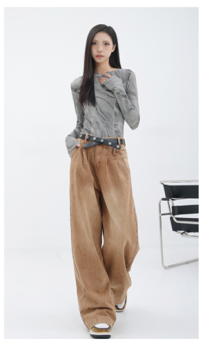 New Design Washed Wide Leg Jeans Women's Loose Slim Straight Floor-Mopping Pants