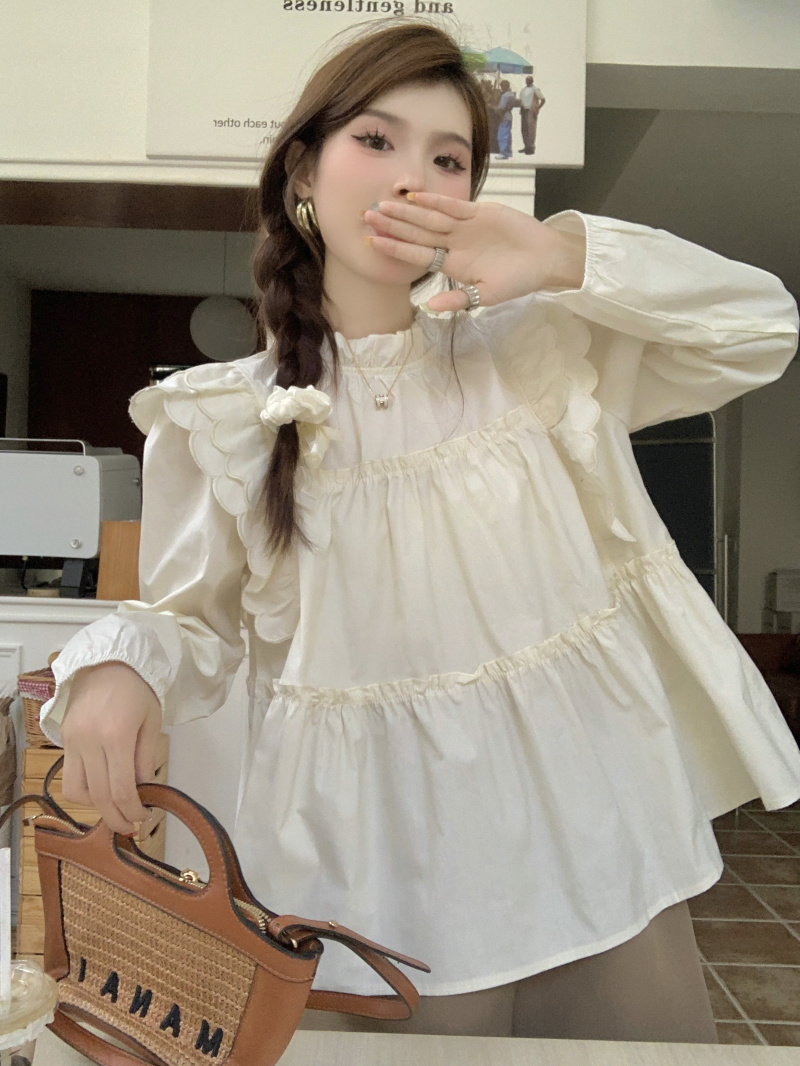 Actual shot of spring French lace stand-up collar stitching ruffled layered long-sleeved shirt top for women