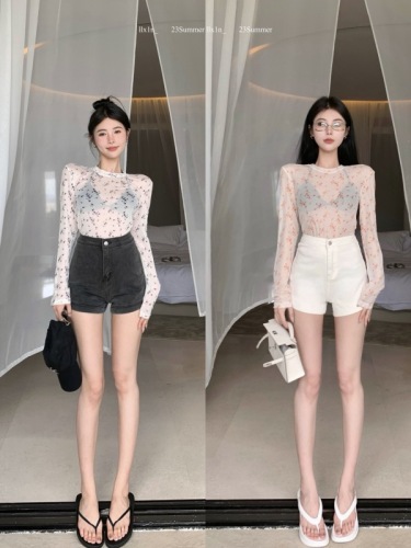 Actual shot of Korean style mesh slightly see-through floral bottoming thin top with high waist and slimming A-line casual pants and hot pants