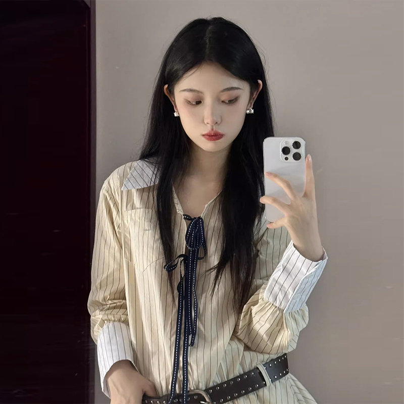 2024新款春裝學院風條紋襯衫連衣裙子女早春季茶系穿搭一整套短裙