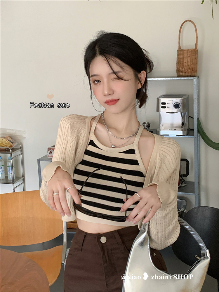 時尚套裝女裝春季設計感小眾條紋吊帶背心針織開衫短款辣妹兩件套