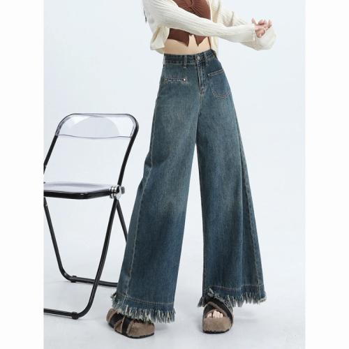 High waist retro dark and light blue design tassel wide leg jeans for women 2024 new loose floor mopping pants