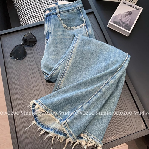 Raw edge tassel straight jeans for women autumn 2024 new high-waisted loose slimming casual wide-leg pants for small people