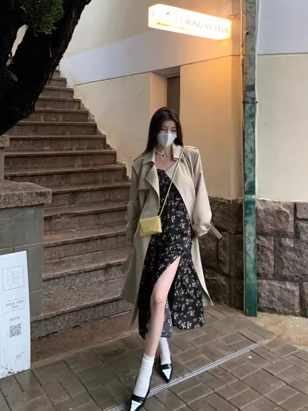 JOEYJOY酒一黑色碎花連衣裙女裝夏季氣質吊帶裙長裙法式短袖裙子
