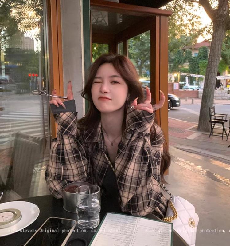 alex stevens美拉德系列格子襯衫外套女春季bm寬鬆中長款襯衣上衣