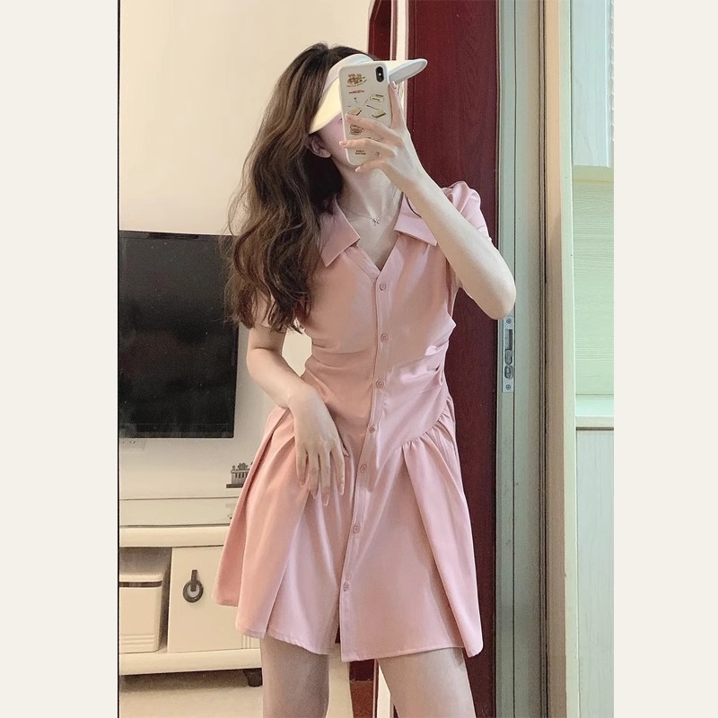 polo領粉色褶皺連衣裙女夏季新款高級感小個子收腰顯瘦a字襯衫裙